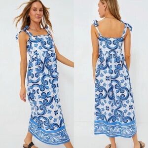 Tuckernuck Capri Tile Print Blue Majolica Tie Shoulder Caftan Dress XXXL